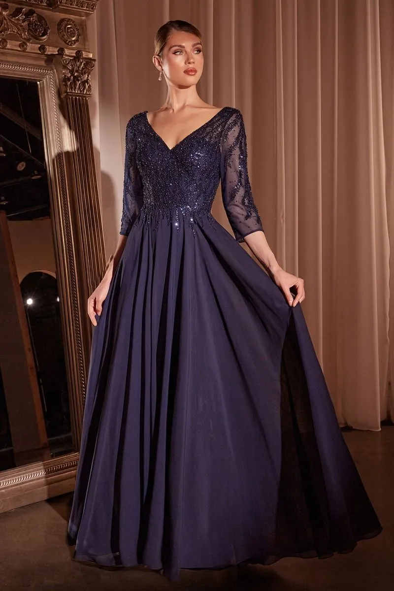 CD CD0171 - Flowy Chiffon A-Line Formal Gown with Sheer Sleeves & Bead Embellished V-Neck Bodice