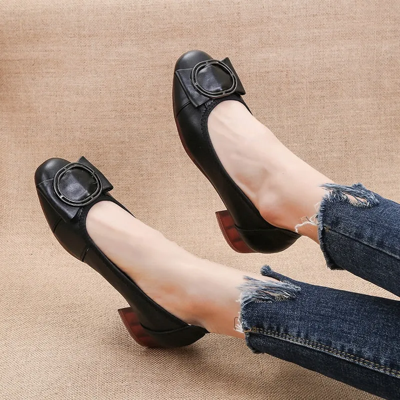 Elegant Cow Leather Women's Slip-On Shoes with Low Square Heel