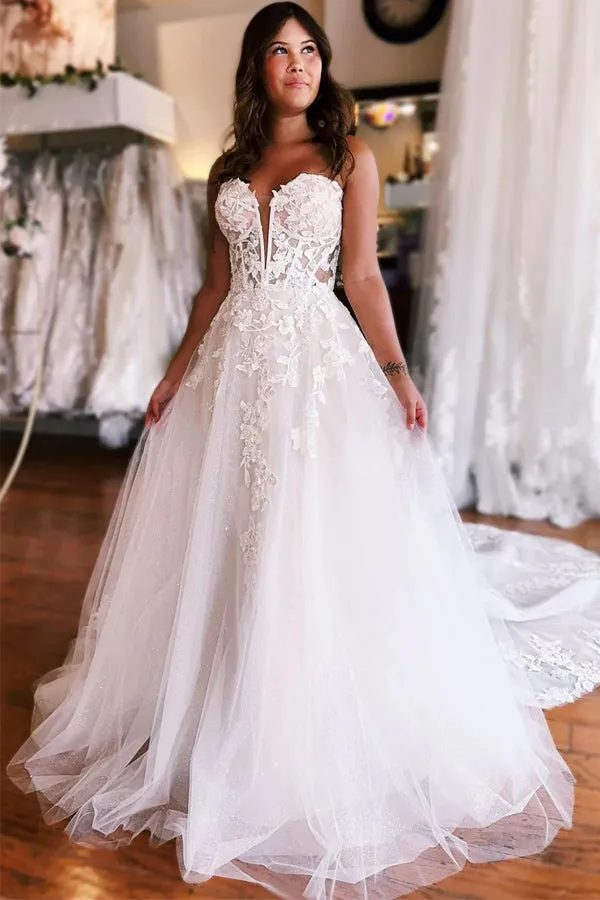 Elegant Tulle Appliques Strapless A-Line Princess Wedding Dress TN402