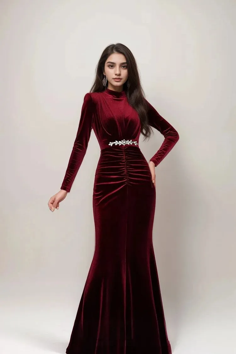 Elegant Velvet High Neck Long Sleeve Evening Gown with Crystal Belt