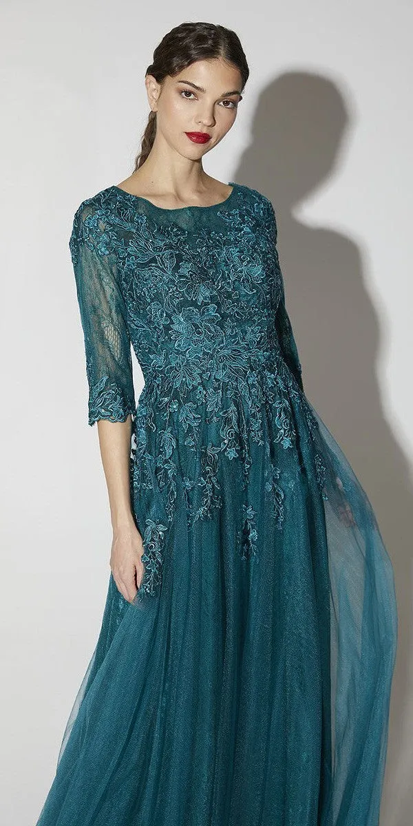 Eureka Fashion 9660 Floor Length A-Line Mesh/Lace Three Quarter Sleeve Gown