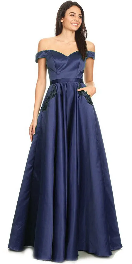 J&J Fashion 3089 Off-Shoulder Long Prom Dress with Pockets