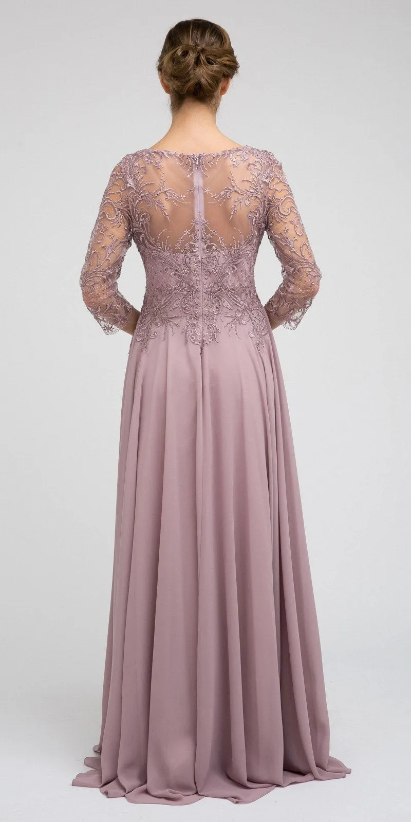 Juliet M11 Appliqued Long A-Line Dress Chiffon Quarter Sleeves