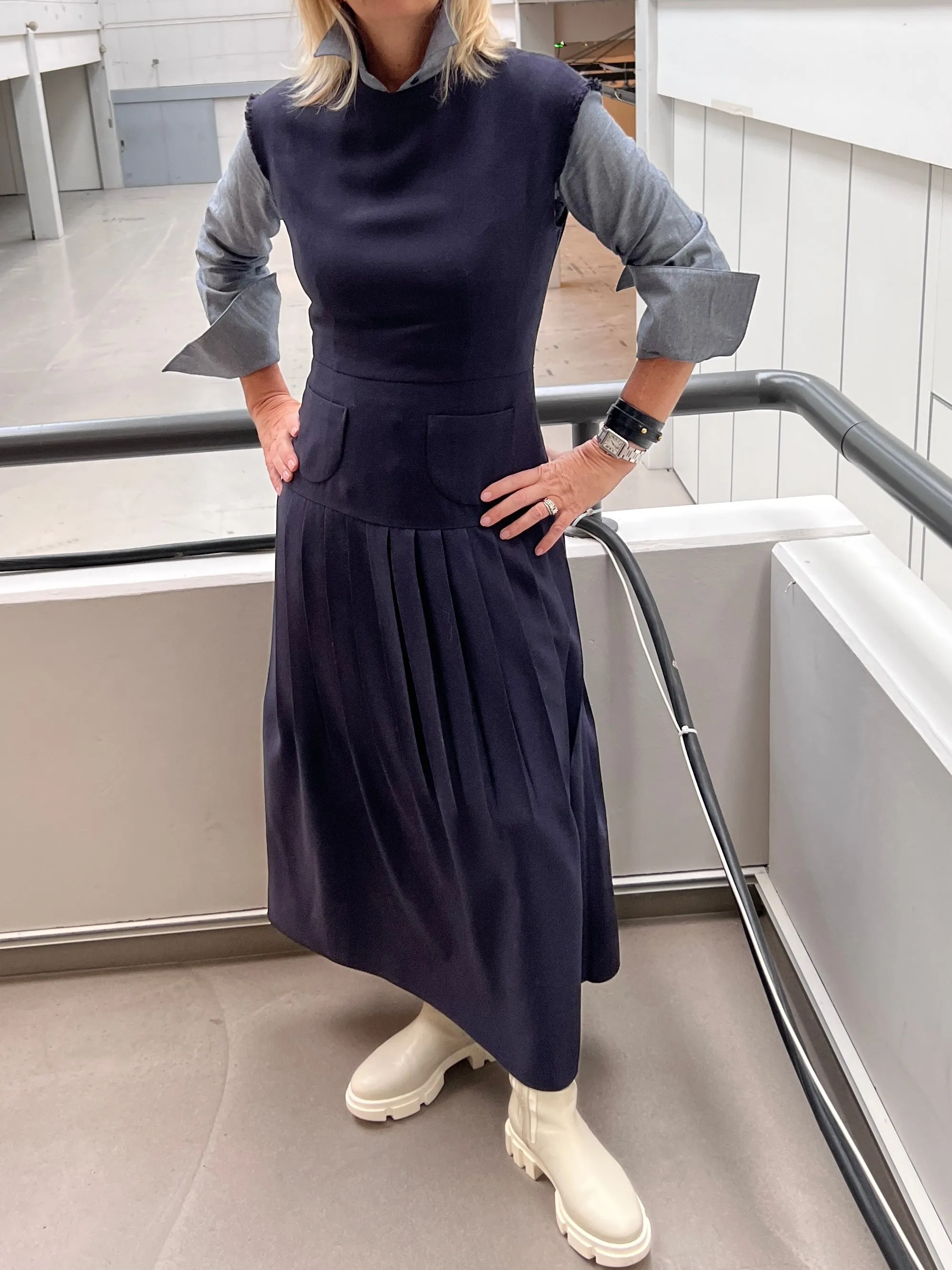 Paige Pleated Dress, Navy