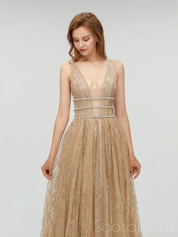 Sexy Sparkly Champagne Gold Elegant Deep V-neck Open Back Prom Dresses, PD0685