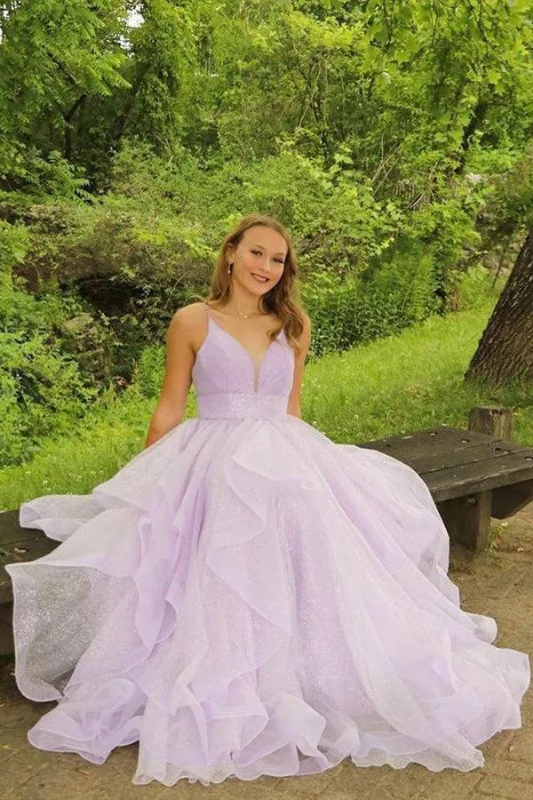 Spaghetti Straps Lilac Tulle Prom Dresses A-line Tiered Evening Gowns TP1003