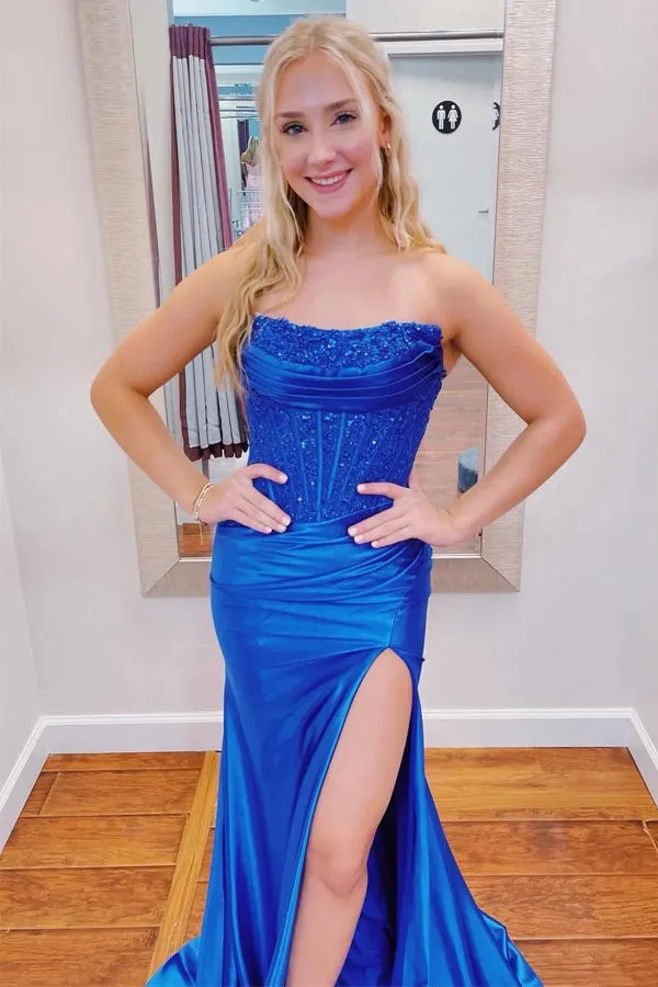 Strapless Appliques Satin Mermaid Black Long Prom Dress TP1325