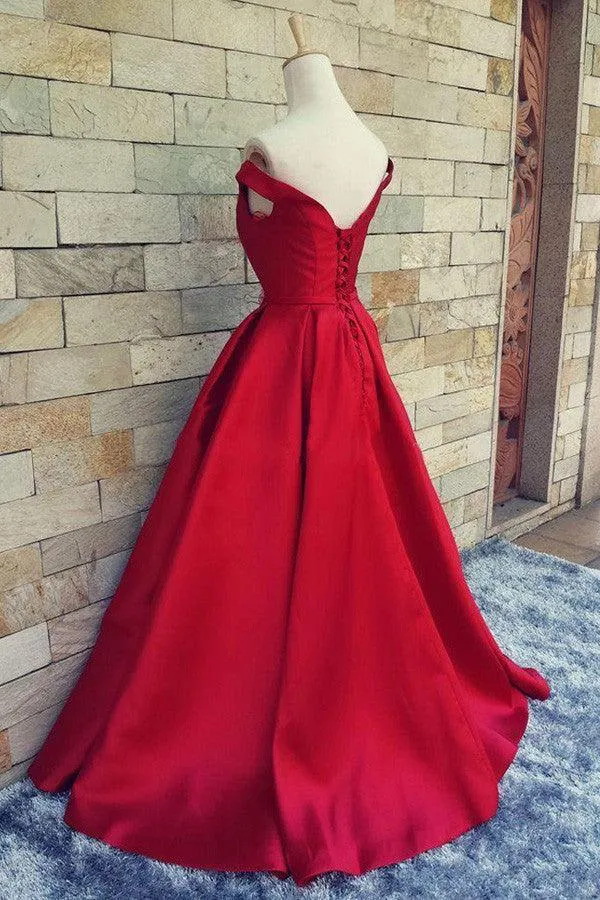 Stunning Off The Shoulder Sweep Train Red A-line Prom Dress With Bowknot TP0042