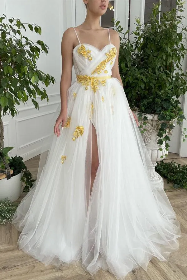 Sweetheart Split Tulle Prom Dress Evening Dress With Lace Applique TP1052