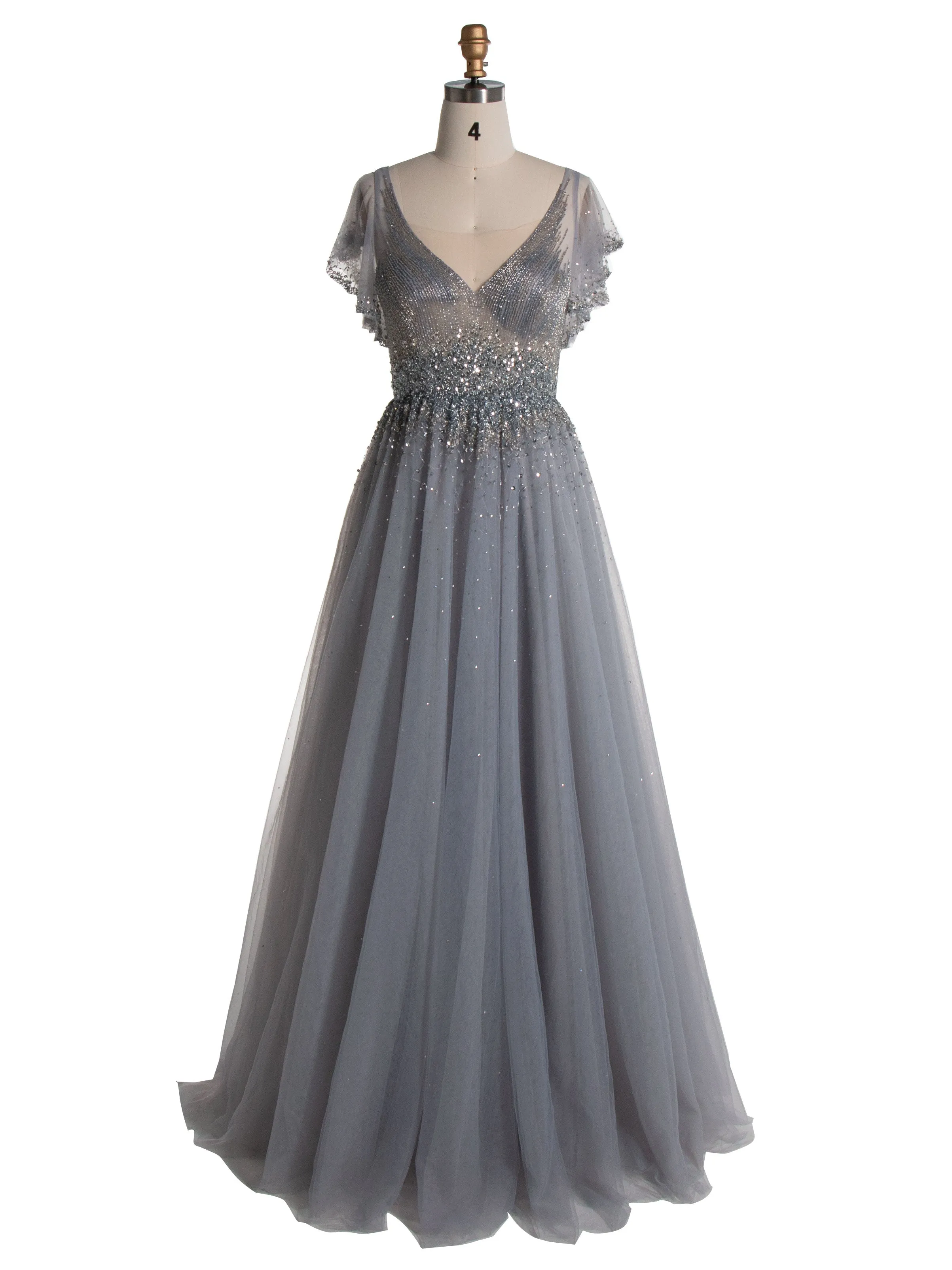 V Neck Elegant Silver Hand Beading Prom Dress YE2553