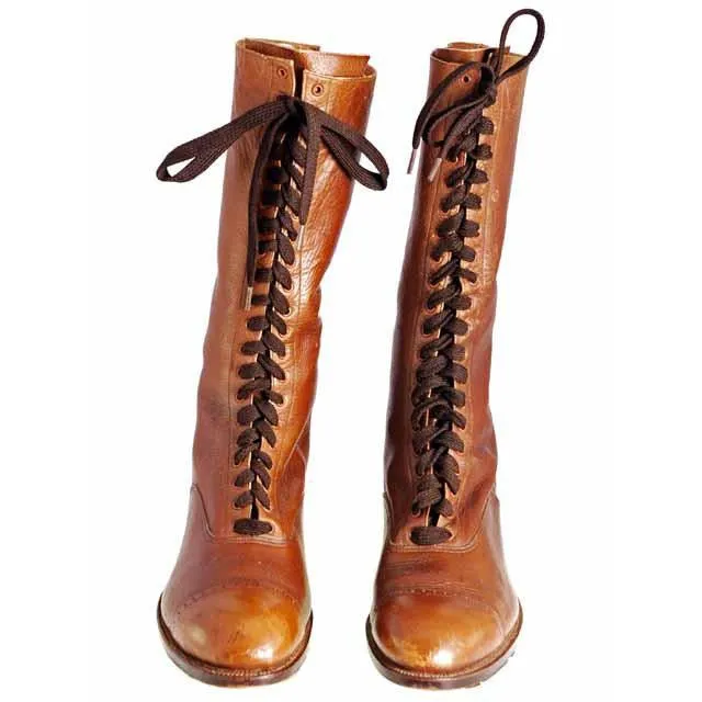 Vintage Brown Leather Ladies Tall Laceup Boots S 7-7.5 Edwardian-1920