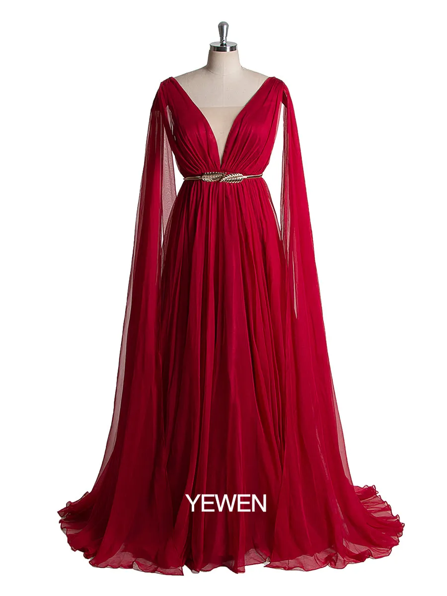 Women Elegant Chiffon V Neck Cape Sleeve Party Dress