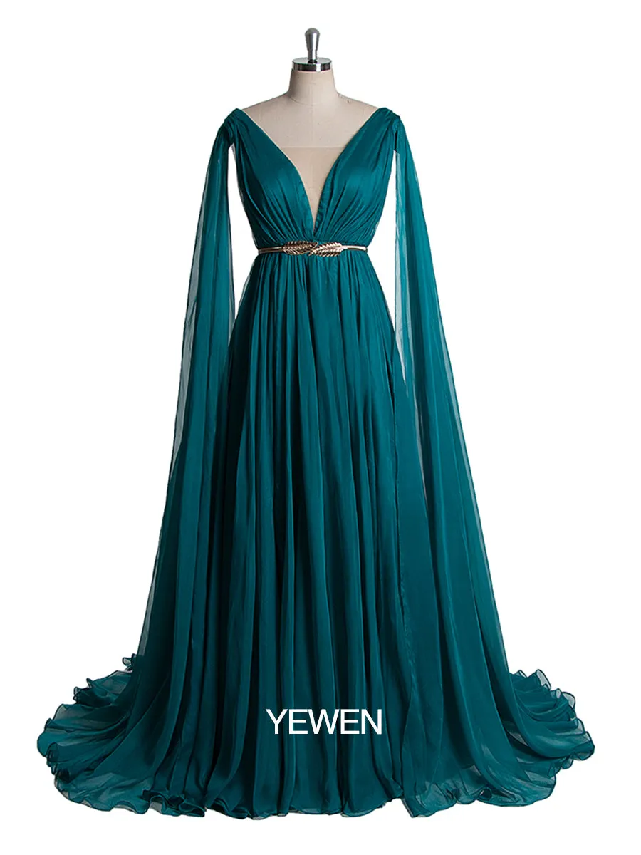 Women Elegant Chiffon V Neck Cape Sleeve Party Dress