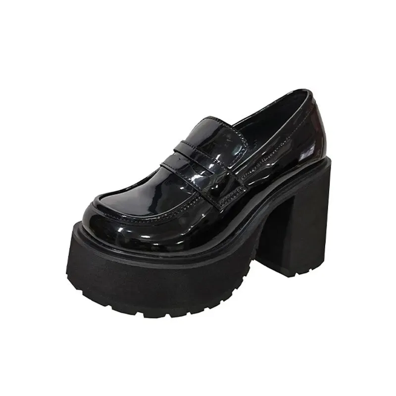 Women's Girls Chunky Platform Shoes High Heel PU Leather Slip On Casual Shoes School Office Loafers